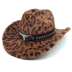 Winter leopard print cowboy hat with plush faux fur and studded leather band decor