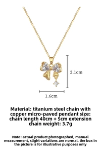 Detailed size specifications of the gold bow pendant necklace with sparkling zircons