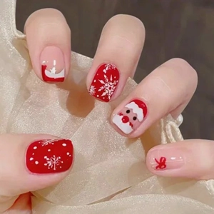 Christmas Press On Nails Santa Reindeer Snowflake Patterns Cute Short Plastic False Nails With Glue For Women Holiday