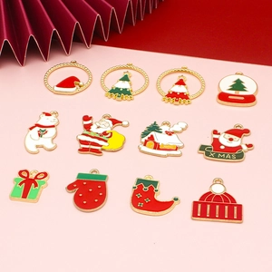Set of 12 festive Christmas enamel charms featuring Santa, snowmen and winter themes