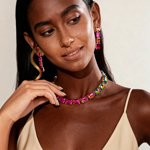 Three-piece retro geometric square necklace and earrings set with colorful crystals