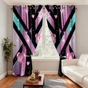 Detail of velvet curtains with purple geometric stripes and sparkling pink hearts design