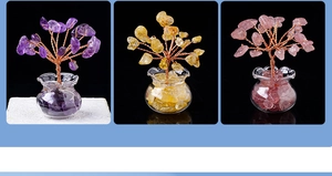 Detailed trio of amethyst, citrine and rose quartz crystal trees in glass jars