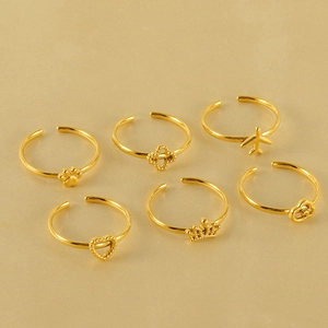 6-piece set of adjustable 18k gold plated stainless steel rings with various cute charms