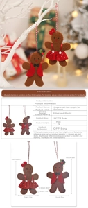 Detailed view of gingerbread couple hanging ornaments with fabric size specifications