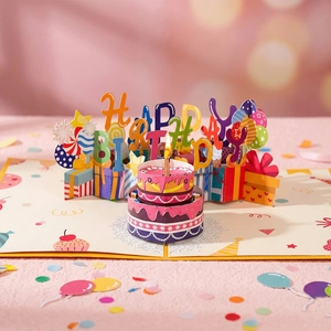 Luxury 3D pop-up birthday card with multi-layer cake and blowing LED light music effects