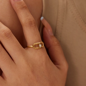 Minimalist Geometric Rectangle Frame Ring Stainless Steel 18K Gold Plated Zircon Inlaid Open Adjustable For Women