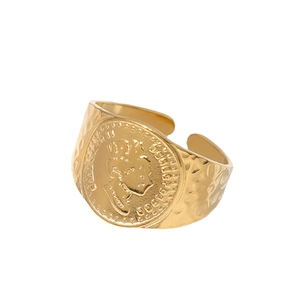 Adjustable gold stainless steel coin ring featuring a vintage Queen Elizabeth II portrait