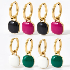 Chic 18k gold plated square enamel pendant hoop earrings in four vibrant candy colors