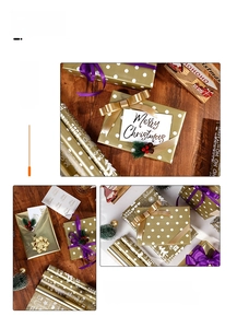 Detail of Christmas gift wrapping paper set with golden dots, ribbons and red berries