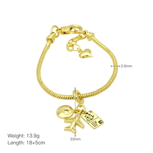 Detail of 18k gold plated travel bracelet with airplane and world map charms