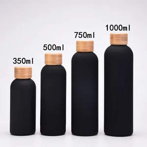 Matte black stainless steel water bottles with bamboo lids in four sizes 350-1000ml