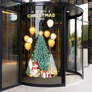 Goldener Weihnachtsbaum Fenstersticker mit Schneemann und Rentier für festliche Dekoration