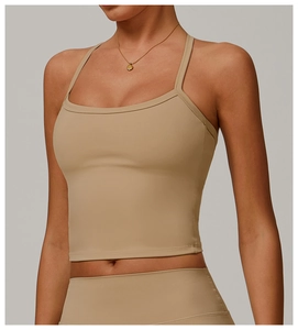 Close-up of khaki brushed sports vest with thin straps and square neck for yoga