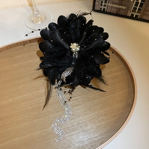 Détails de la pince à cheveux en plumes sombres avec franges en cristal et perle centrale