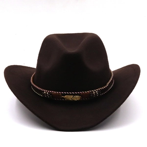 Detail of dark brown wool felt cowboy hat featuring a gold leaf charm on braided band