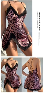 Detail view of pink leopard satin nightdress with black lace trim and open back design