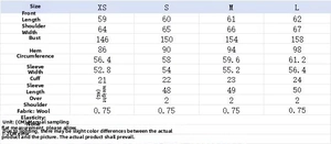 Size chart for women's bomber jacket with detailed measurements in centimeters from XS to L