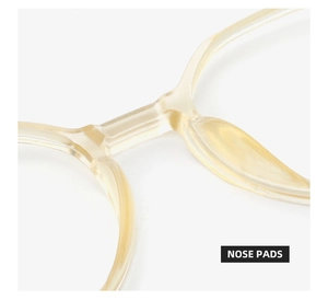 Detailed close-up of comfortable amber nose pads on irregular anti-blue light glasses