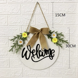 30cm wooden Welcome sign wreath with burlap bow and white daisies for Easter home decor
