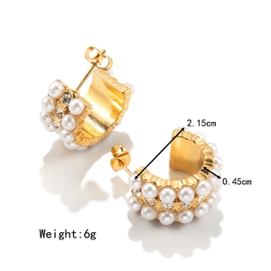 French vintage 18K gold plated C-shape hoop earrings with white pearls and crystals