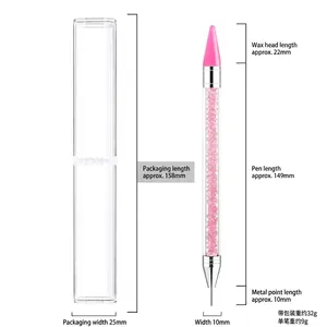 Detailed view of dual-ended acrylic nail dotting pen with precise measurements and wax tip
