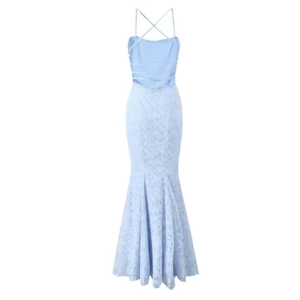 Elegantes hellblaues Meerjungfrau-Maxikleid aus Spitze mit rückenfreiem Schnürdesign