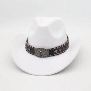 White felt western cowboy hat featuring brown leather band with ox head metal buckle