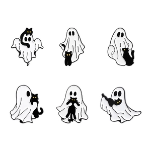 Set of 6 Halloween enamel pins featuring cute white ghosts and black cats on white background