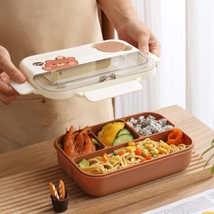 Cream and brown 4-compartment bento lunch box with built-in cutlery storage