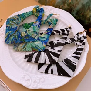 Abstract print and zebra stripe fabric wrapped geometric triangle hoop earrings set
