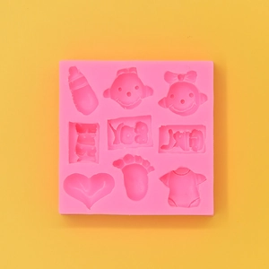 Pink silicone baby mold for fondant with milk bottle and heart designs for DIY baking