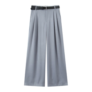 Pantalon gris femme à taille haute, jambe large, doubles plis et ceinture noire