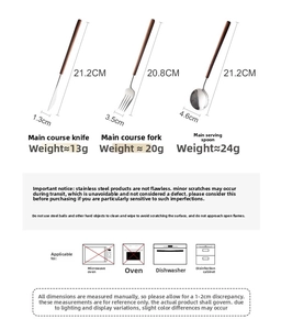 Detailed size specs for 304 stainless steel cutlery set with dark brown wooden handles