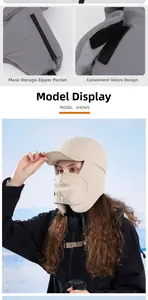 Detail of windproof winter trapper hat with zipper pocket for mask and velcro closure