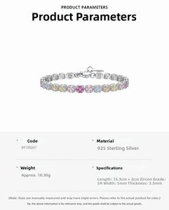 Detail view of S925 sterling silver bracelet featuring colorful zircon stones and technical specs