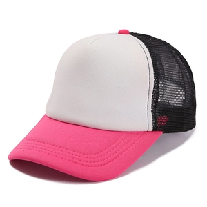 Close-up of a pink and black mesh trucker hat with visible reinforced visor stitching