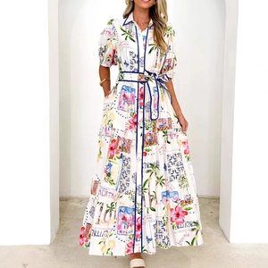 Damen Maxi Kleid Mit Blumendruck Polyester Hemdkragen Puffärmel Gürtel Italienischer Urlaubsstil A Linie