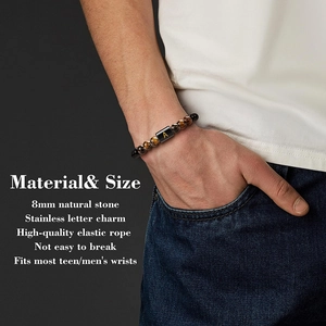 Tiger eye beaded bracelet for men featuring a stainless steel letter A pendant charm