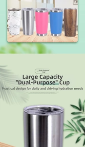 Detail of multi-color 20oz double-wall stainless steel tumblers with dual-use lids