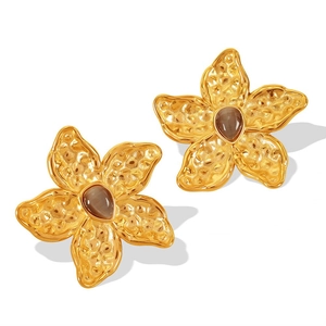 18K gold plated stainless steel flower earrings with teardrop tiger eye stone