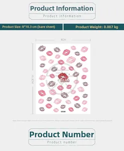 Detailed size chart for red lip pattern 5D adhesive nail stickers measuring 8x10.3cm