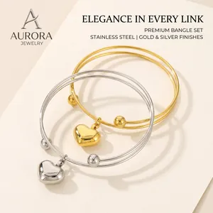 Heart Pendant Open Bangle Bracelet Gold Plated Stainless Steel Minimalist Double Wire Jewelry For Women Trendy Chic