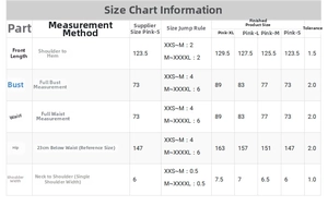 Size guide table for sleeveless ribbed knit maternity dress with precise measurements