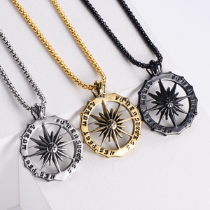 Hip hop style compass necklace pendants in silver, gold, and black stainless steel colors