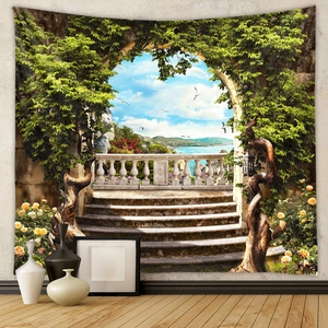 Garden arch landscape wall tapestry with ivy and sea view for room decoration