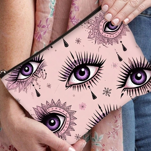 Neceser de lona rosa con diseño de ojo y cremallera negra para cosméticos y papelería