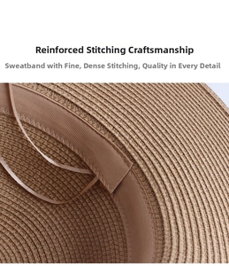 Detailed close-up of brown woven straw hat showing reinforced stitching and interior sweatband