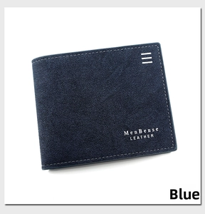 Detail view of the matte blue suede leather texture on a men's bi-fold wallet