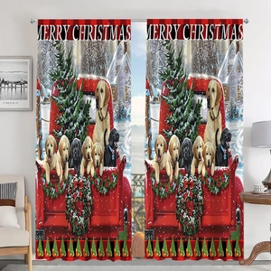 Detailed Christmas scene on curtain featuring golden retrievers, a red truck and snow